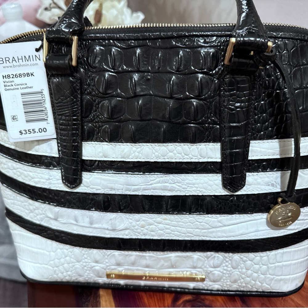 Brahmin Black and White Croc-Embossed Satchel
